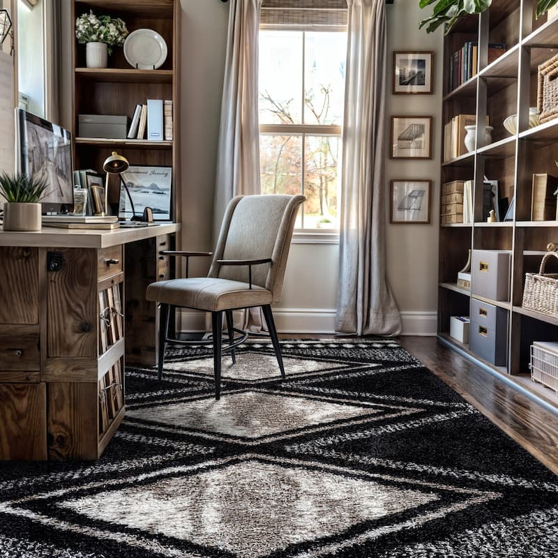 Geometric Grid Shag Rug - Anthracite Dark Gray - Medium Pile - Durable for Living Room, Bedroom, or Entryway