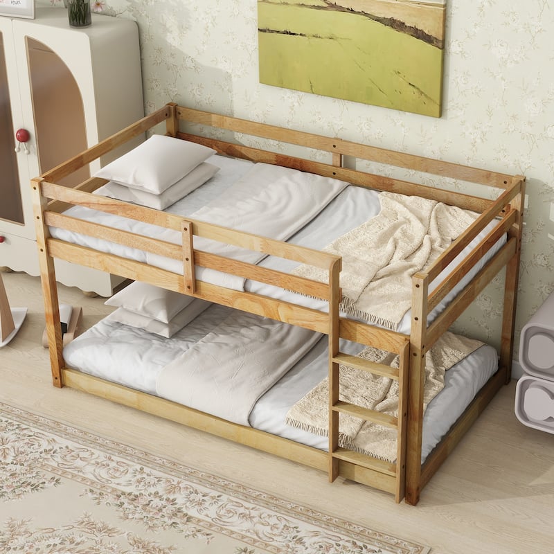 Twin over Twin Solid Rubber Wood Bunk Bed with Ladder and Strengthened Slats, Natural Finish
