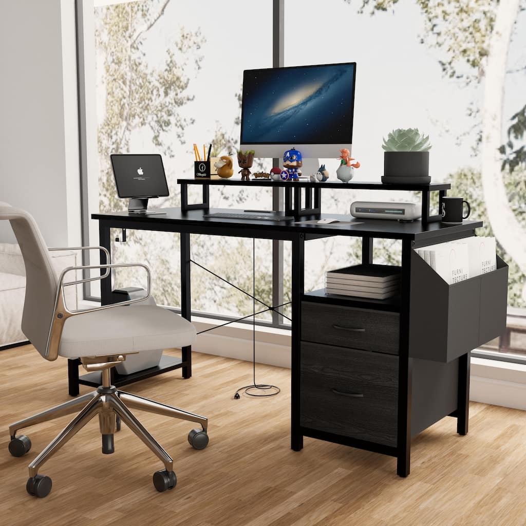 Computer Desk Office Desk Writing Table Gaming Desk Craft Desk Secretary Desks with Power Outlet, Monitor Stands, Side Pocket
