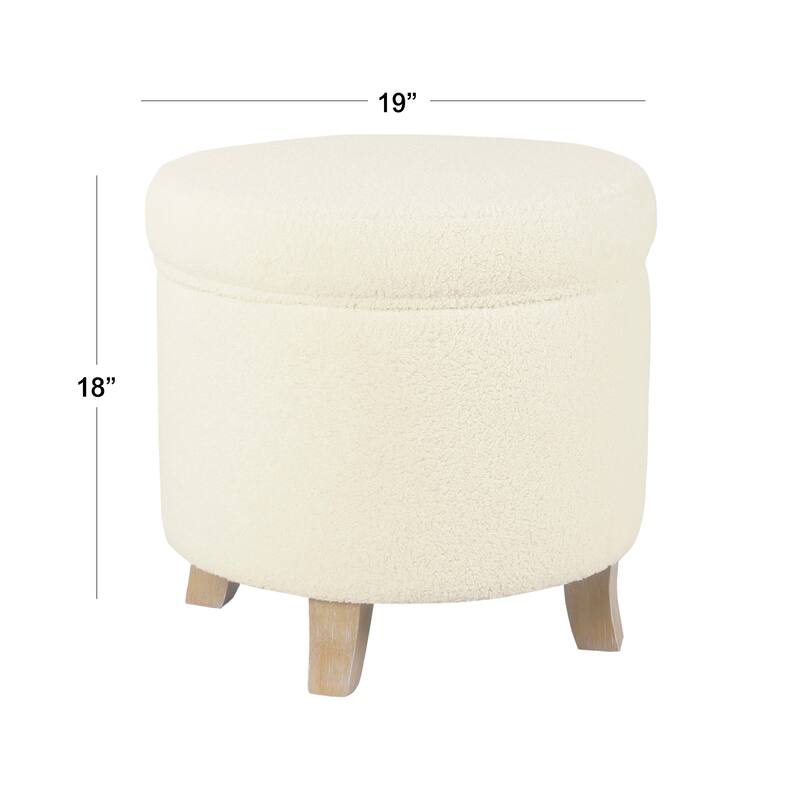 Loni 19 Inch Round Storage Ottoman in Soft Beige Faux Sheepskin with Wood Legs