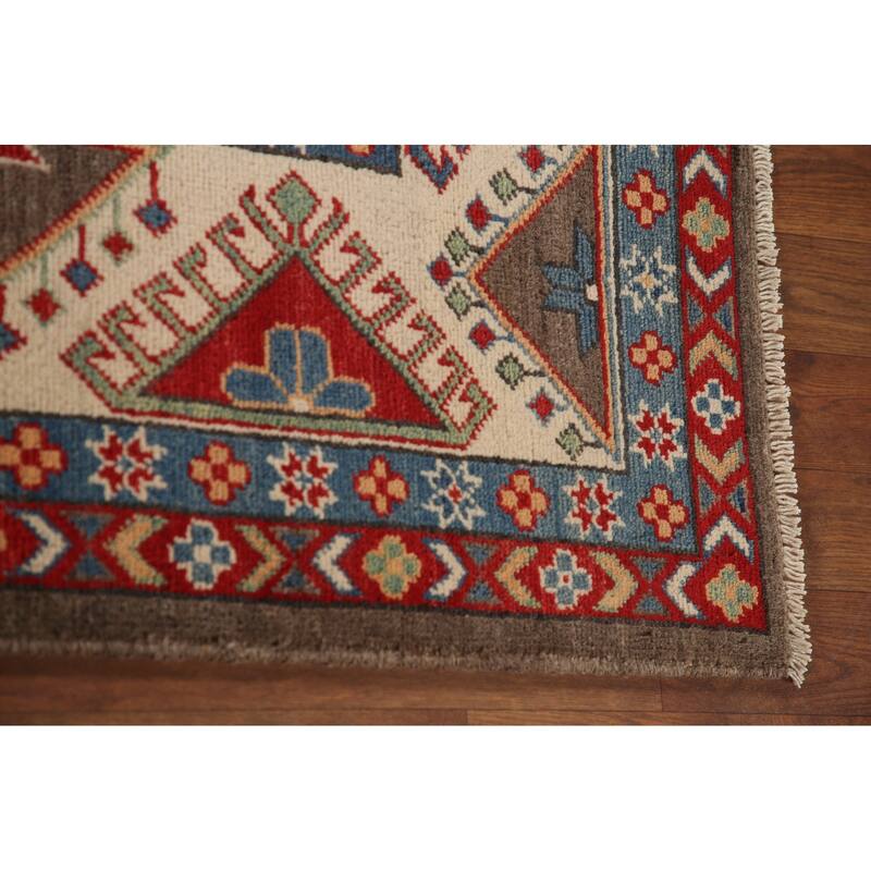 Geometric Brown Kazak Area Rug Handmade Wool Carpet - 6'7" x 9'10"