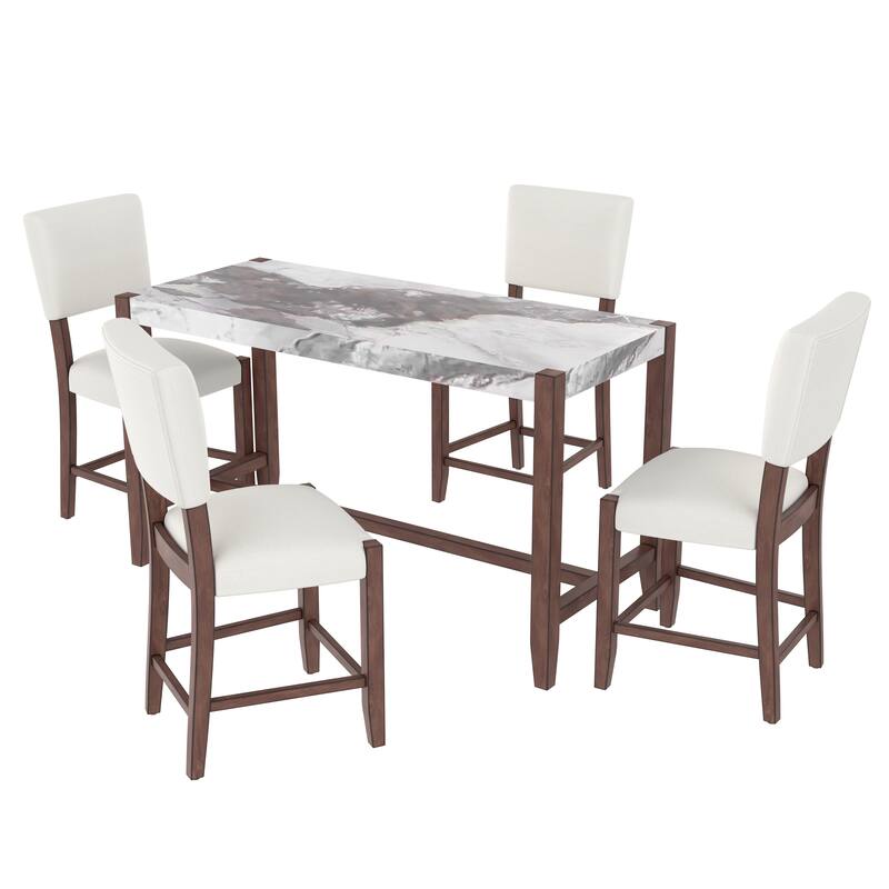 5 Piece Counter Height Dining Table Set wFaux Marble Bar Table & 4 Upholstered Seat Chairs Rectangular Dining Table Set