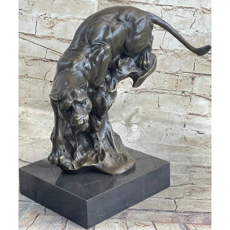 Pouncing Cougar Mountain Lion Cat Bronze Statue Sculpture Figure 11.5 Inches X 12 Inches