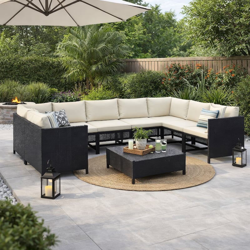 Reno 9pc Outdoor Modular Corner Sofa Set, Ivory Cushions, Black Rattan