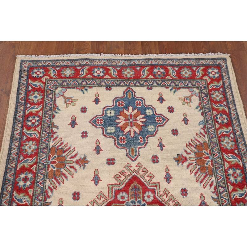 Beige / Ivory Geometric Kazak Oriental Accent Rug Handmade Wool Carpet - 3'2" x 5'0"