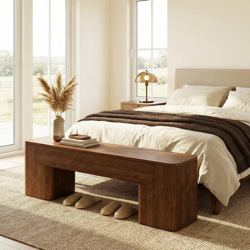 Solid Wood Bench, 59" Rustic Heavy Duty Entryway Bench - Brown