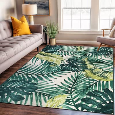 Contemporary Tropical Floral Leaves Non Slip Area Rug