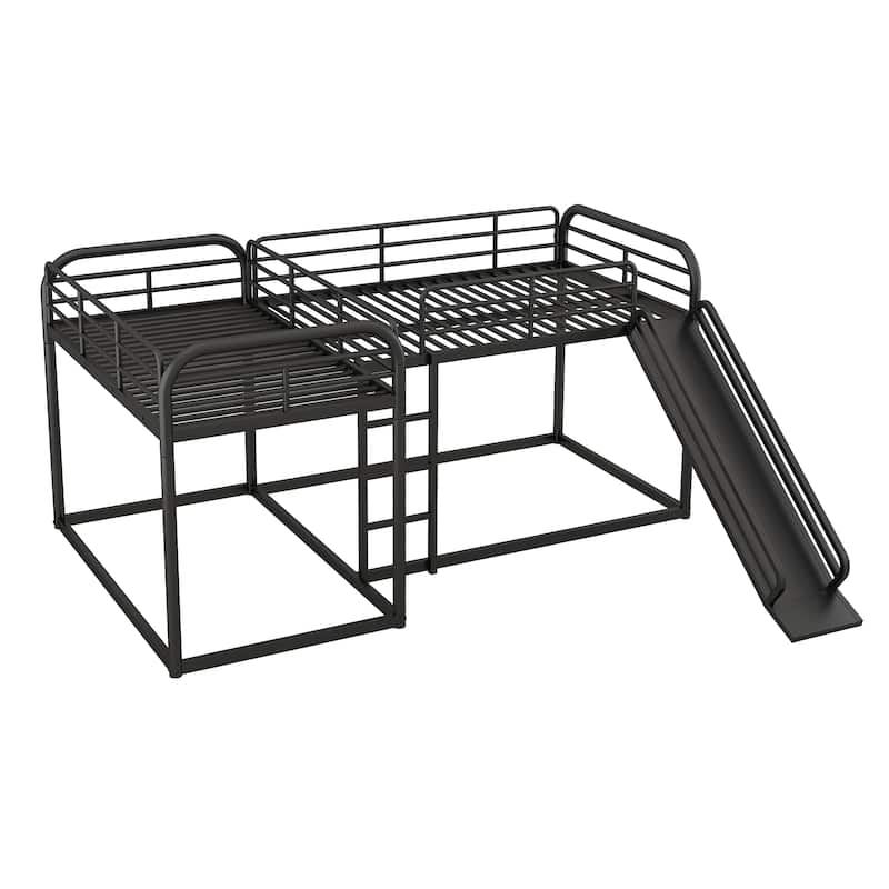 Full and Twin Size L-Shaped Bunk Bed with Slide and Short Ladder, Metal Support Bed Frame, No Box Spring Needed