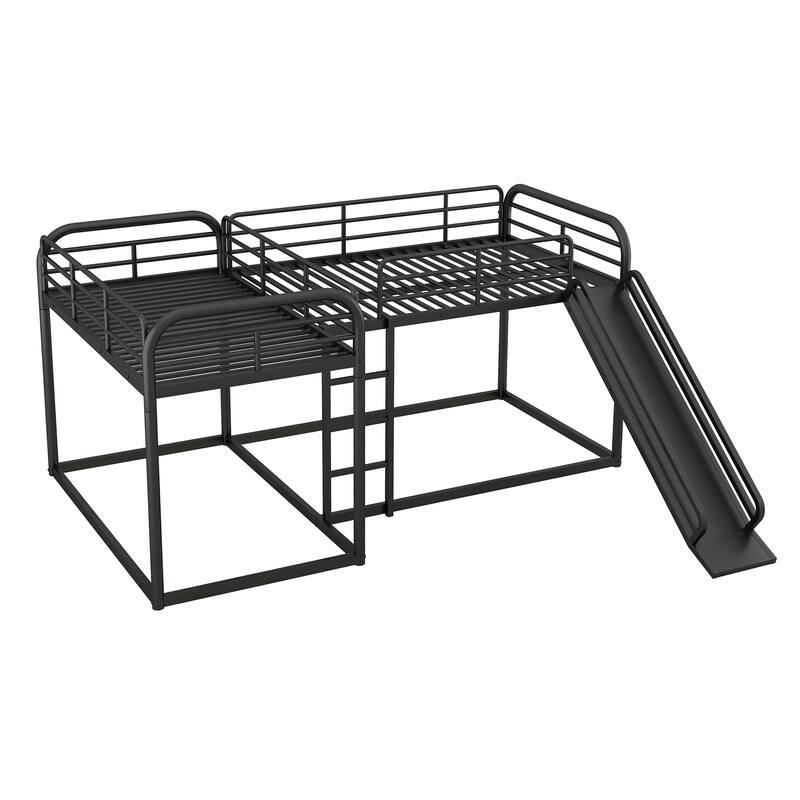 L-Shaped Full and Twin Bunk Bed with Slide, Ladder, and Metal Frame, Black