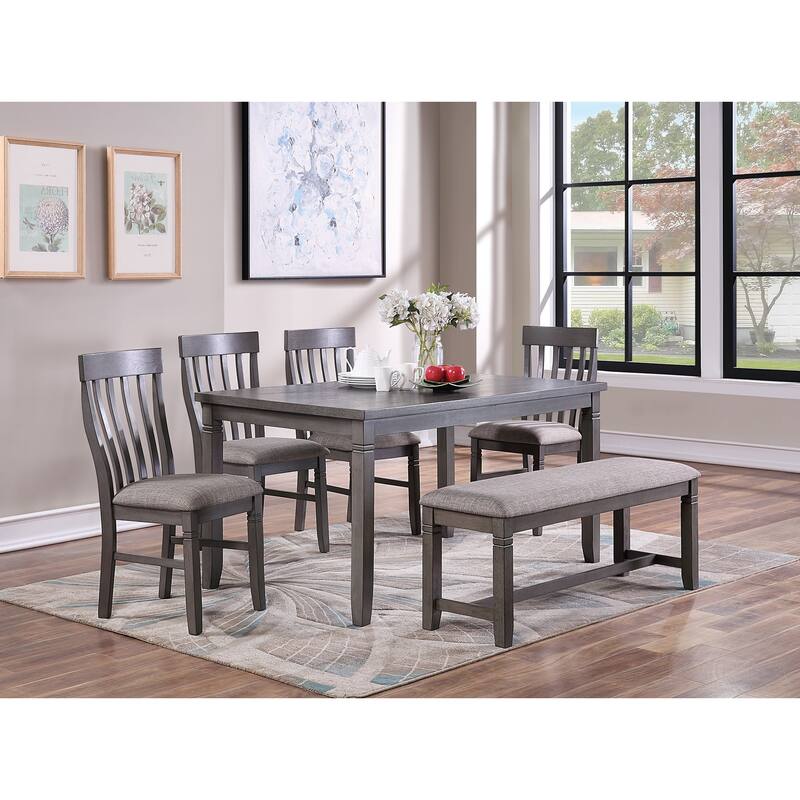 Dining Room Furniture Simple 6pc Set Dining Table 4x Side Chairs and A Bench Solid wood and veneers - Grey