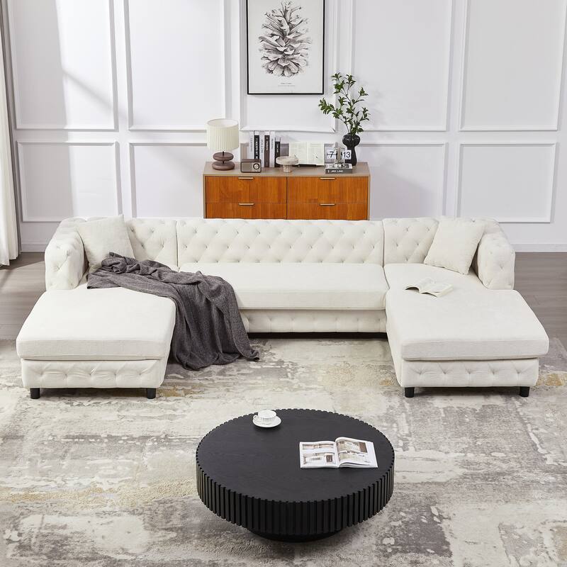 U-Shaped Chenille Sofa with Two Chaise Longue Seats and Pillows.