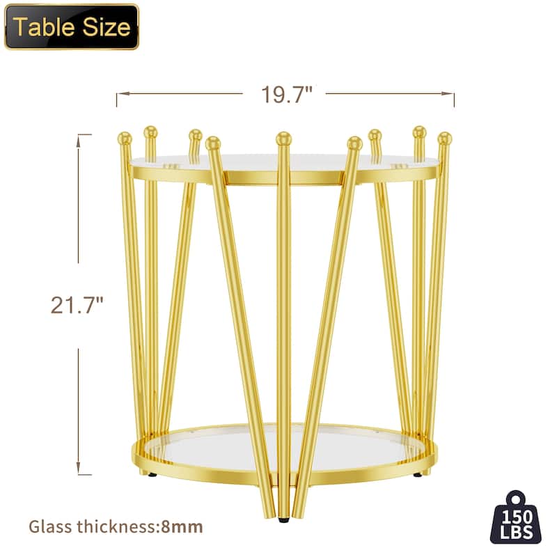 Modern Gold Round End Table with Tempered Glass Top & Crown Design for Living Room