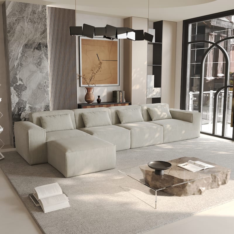 L-shape Corduroy Sectional Sofa with Ottoman, Flexible Combinations 5-Seater Living room Couch - Beige