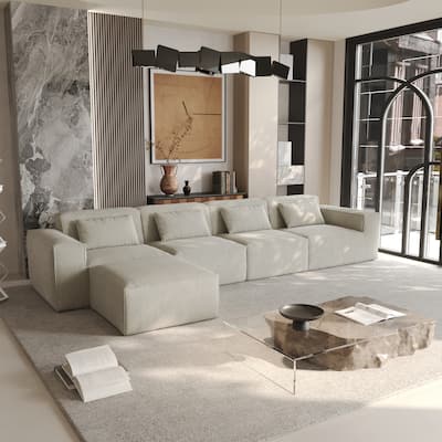 L-shape Corduroy Sectional Sofa with Ottoman, Flexible Combinations 5-Seater Living room Couch