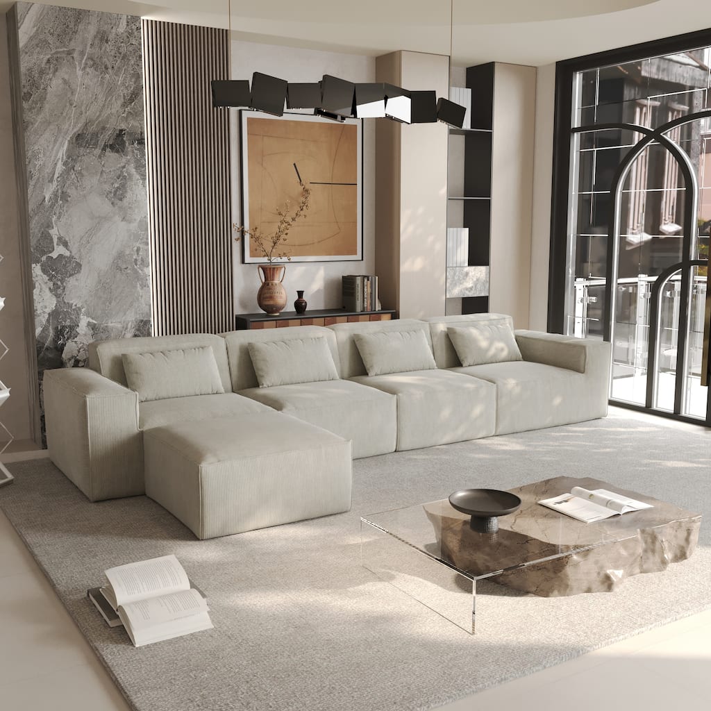 L-shape Corduroy Sectional Sofa with Ottoman, Flexible Combinations 5-Seater Living room Couch