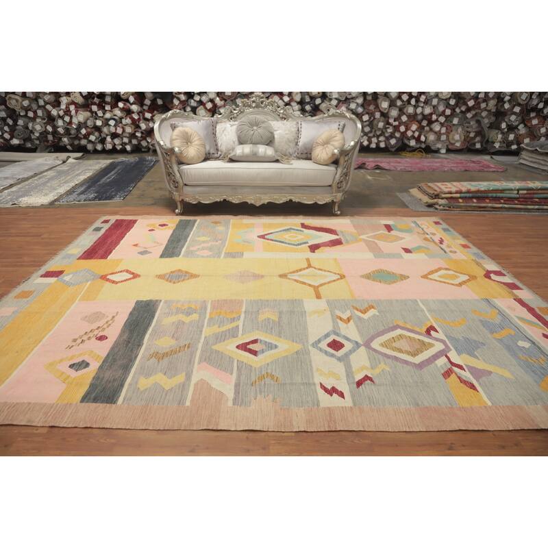 Hand Woven Oriental 100% Wool Carpet Southwestern Tribal Multi-Colored Kilim Area Rug - 11' 7'' X 9' 4''