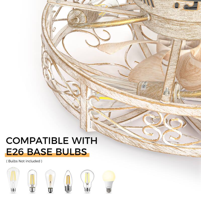 20 Inch Indoor White and Gold Low Profile Cage Ceiling Fan with Light - 20 Inches