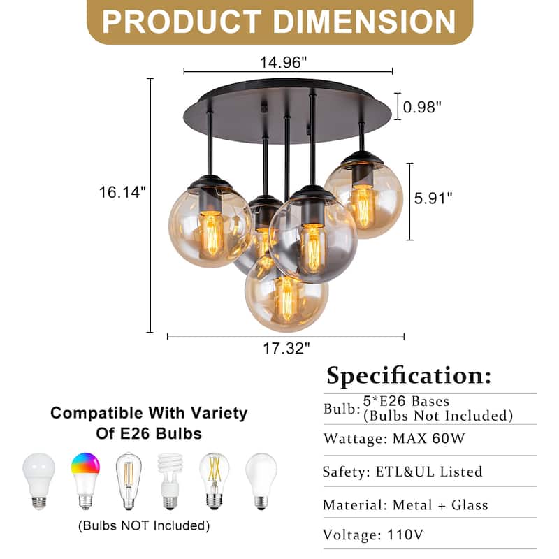 5 Lights Semi-Flush Mount Ceiling Light Smoky Gray&Amber Glass Globes - Dia.17.32-in