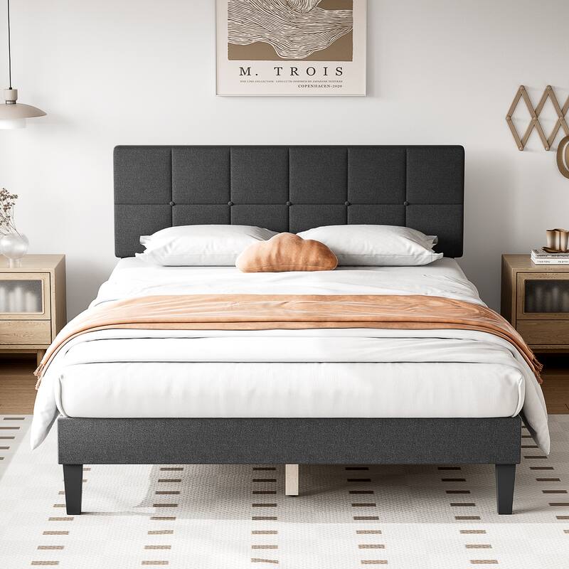 Bed Frame, Modern Platform Bed Frame with Adjustable Headboard, Geometric Upholstered Bed Frame 800LBS Sturdy Solid Wooden Slats - Dark Gray - Queen