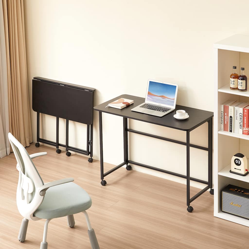Modern Folding Desk with One Piece Desktop and 4 Moving Wheel for Small Apartments and Dorm Rooms or Portable Workspaces