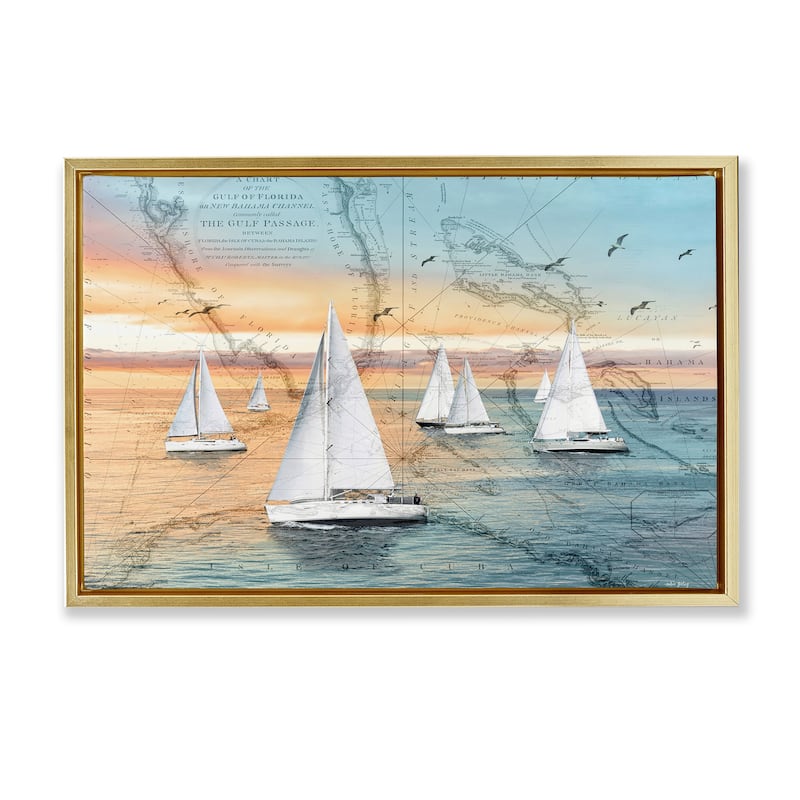Stupell Nautical Ships & Vintage Map Framed Floater Canvas Wall Art Design By Amber Sterling - 25 x 17 - Gold