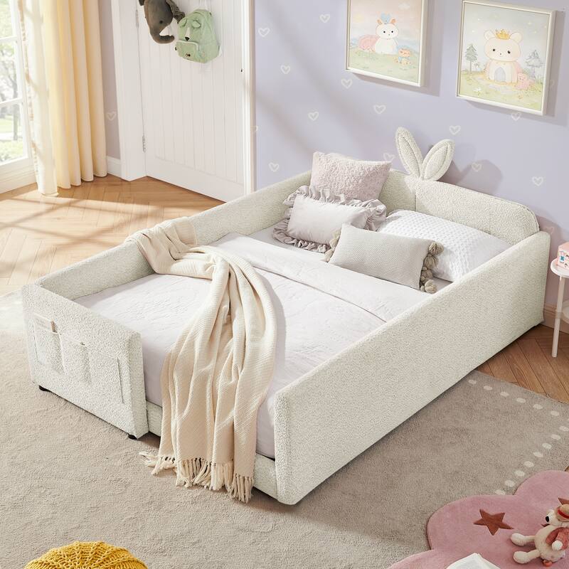 Full Size Upholstered Platform Bed with Bunny Ear Headboard, Safety Rail & Pocket