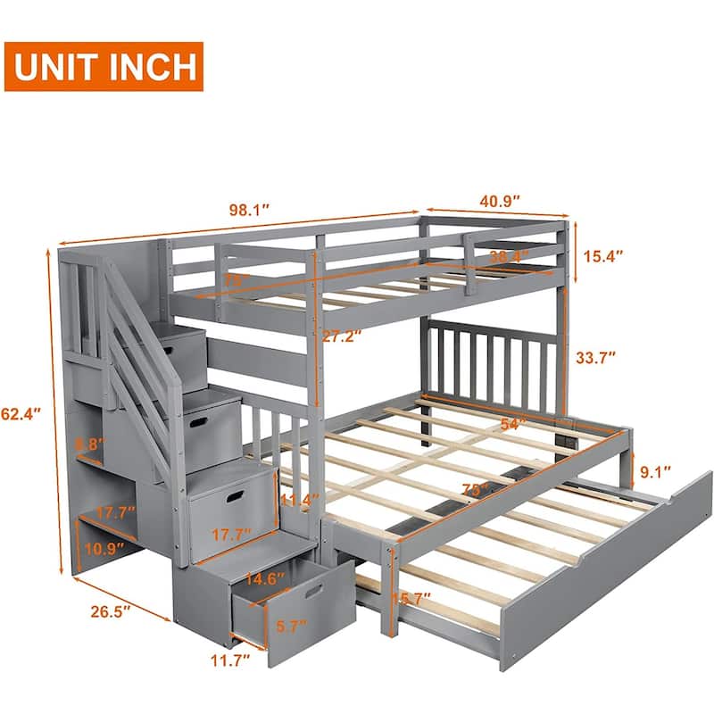 Stairway Twin Over Twin/Full Bunk Bed with Twin Size Trundle & Drawers ...