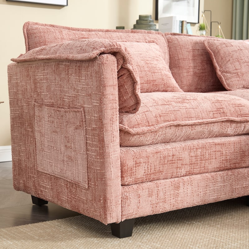 Chenille Fabric Loveseat Sofa Couch with 2 Ottomans and Side Pockets