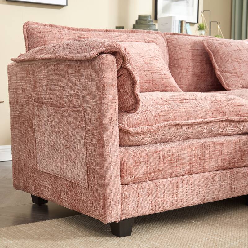 Chenille Sleeper Sofa Bed Deep Seat Loveseat Sectional Couch with Ottomans Chaise Lounge, Detachable Armrests and Side Pockets