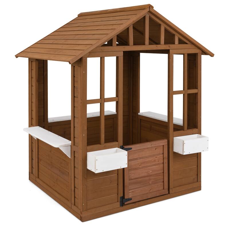 Natural White Fir Wood Kids Playhouse with Flowerpot Holders and Large Windows - 47.5" L x 38.5" W x 54" H