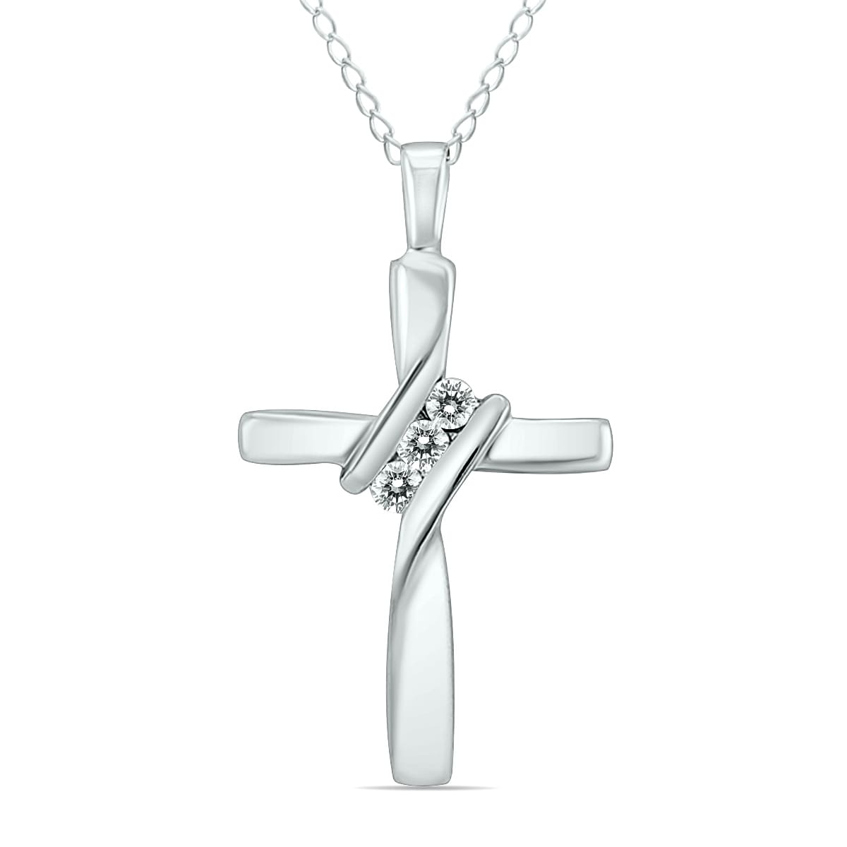 Marquee Three Stone Diamond Cross Pendant in 10K White Gold