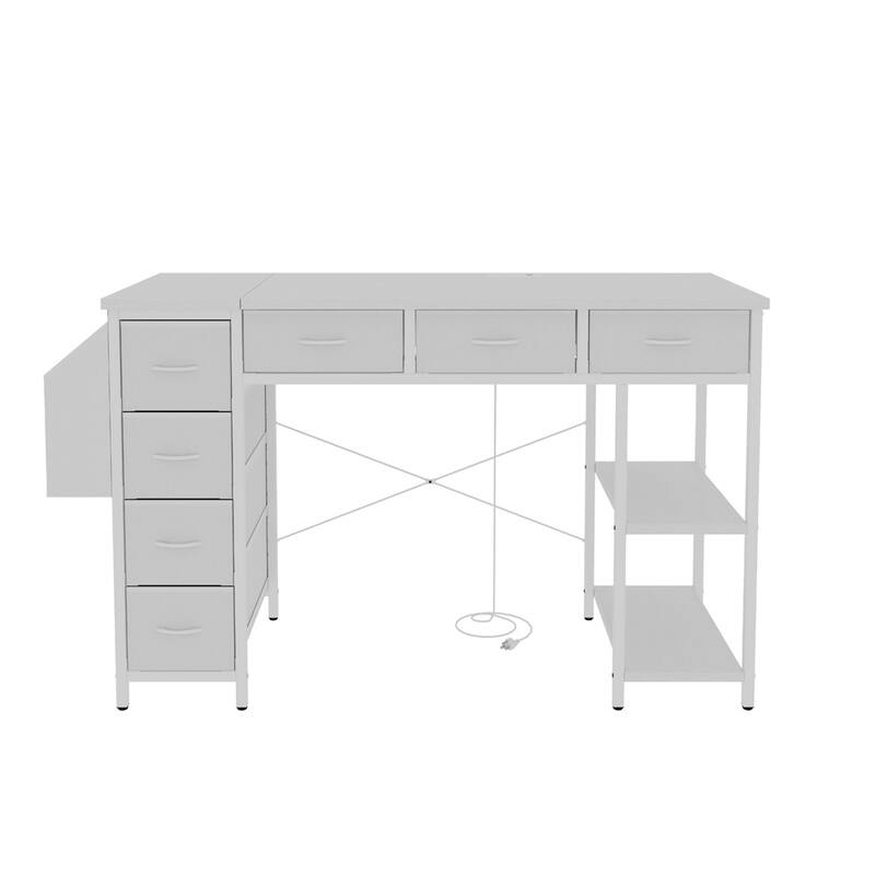Computer Desk with Power Outlets 7 Fabric Drawers Large Side Pocket Reversible Storage Small Vanity Desk 47inch Office