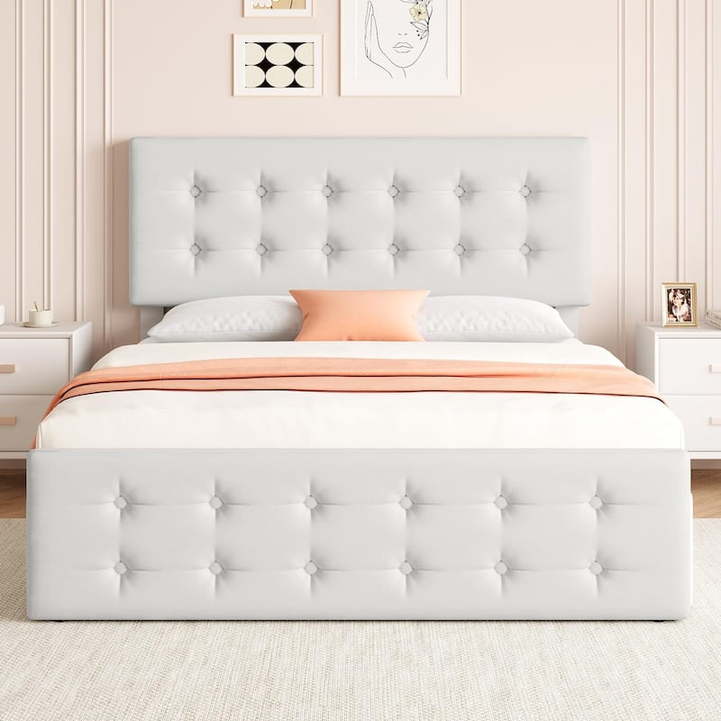 Bed Frame with 4 Storage Drawers and Headboard - Beige_Queen - Queen
