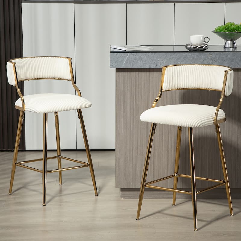 2PCS Corduroy Counter Height Bar Stools With Gold Metal