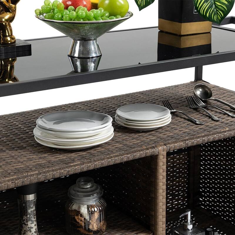 Outdoor Wicker Serving Cart Prep Station with Storage and Organization Space