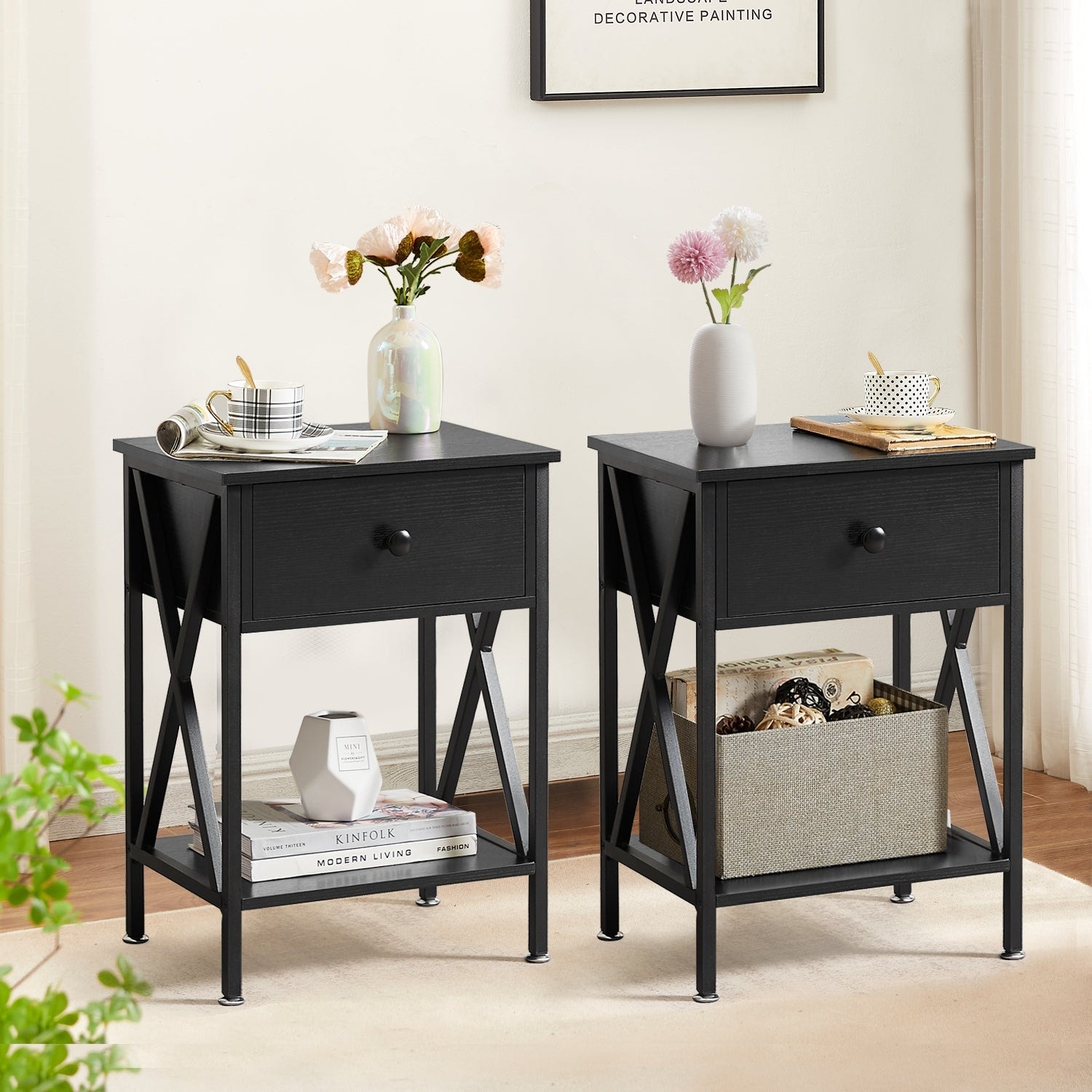 VECELO Set of 2 Mid Century Nightstand with Storage Drawer Open Shelves End Table Sofa Side Table for Bedroom Living Room