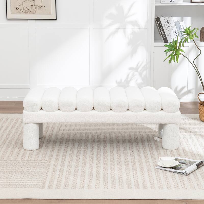 SEYNAR Modern Teddy Velvet Upholstered Rentangle Ottoman - White