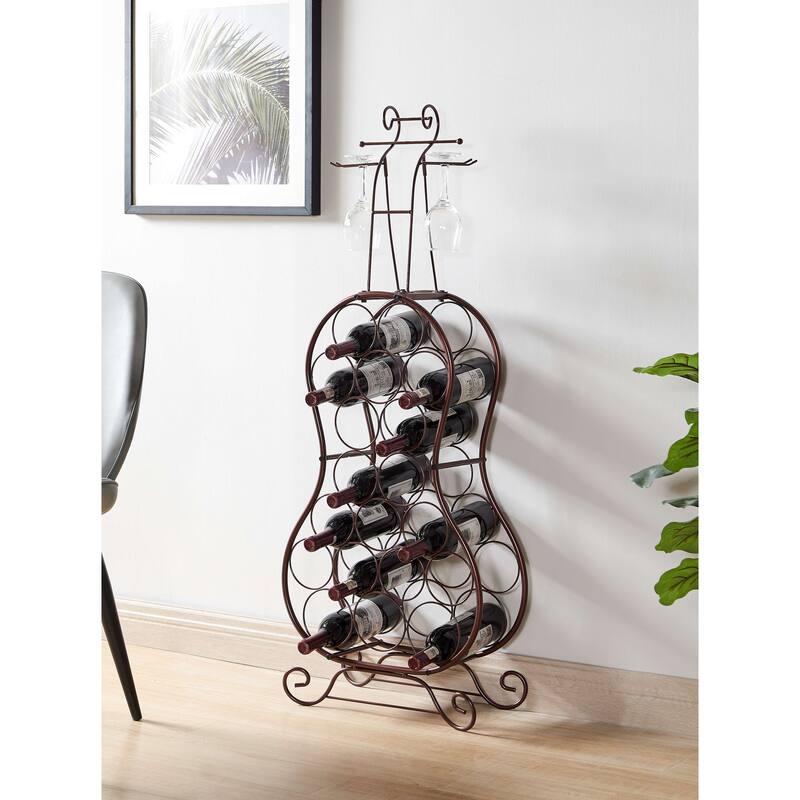 Cello-Shaped Wine Rack for 19 Bottles and 2 Glasses