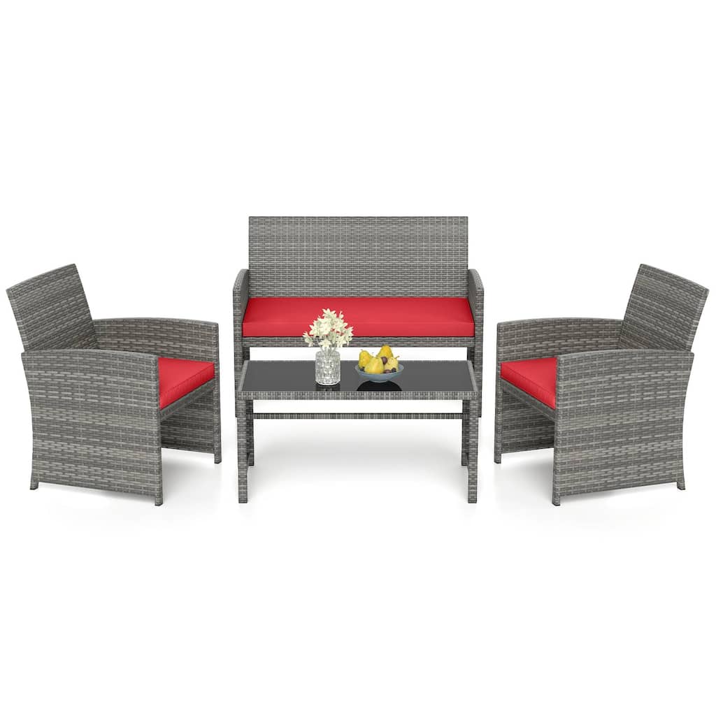 Gymax 4 Piece Patio Furniture Set Outdoor Wicker Conversation Set w/