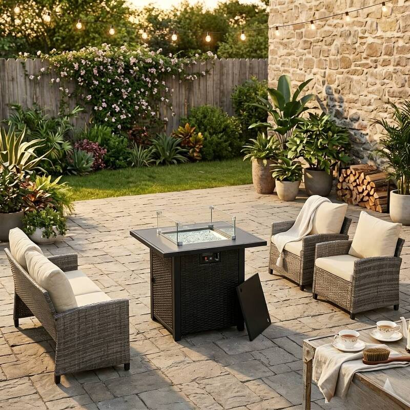 5-Piece Wicker Patio Conversation Set with Fire Pit - N/A - Beige