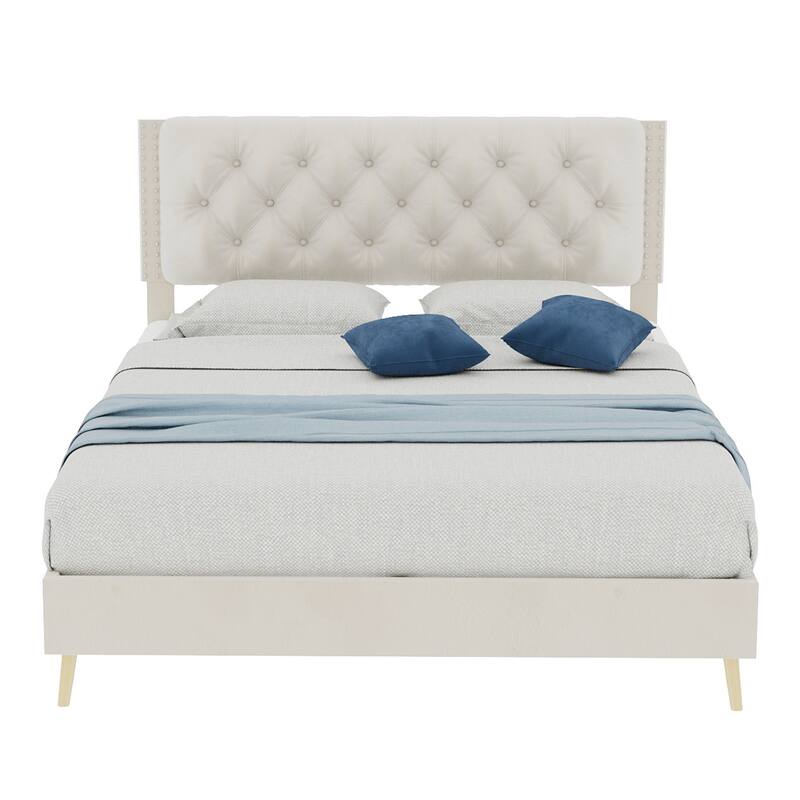 Beige Full Size Platform Bed Frame with Upholstered Headboard