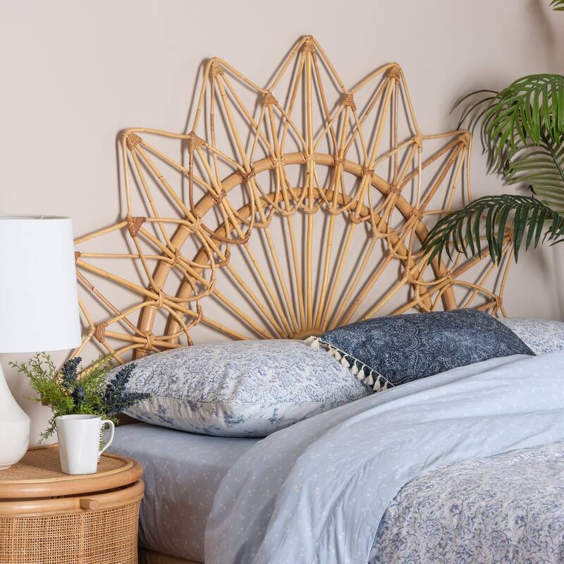 Solara Natural Rattan Headboard - Handwoven Wicker Wall-Mount Headboard in Sunburst Shape, Coastal Boho Bedroom Backdrop, Queen