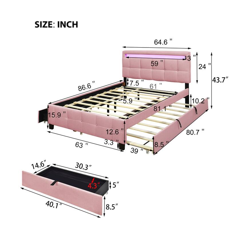 Queen Size Linen Upholstered Platform Bed with Twin XL Trundle and 2 Drawers Wood Storage Bed Frame with LED & Tufted Headboard