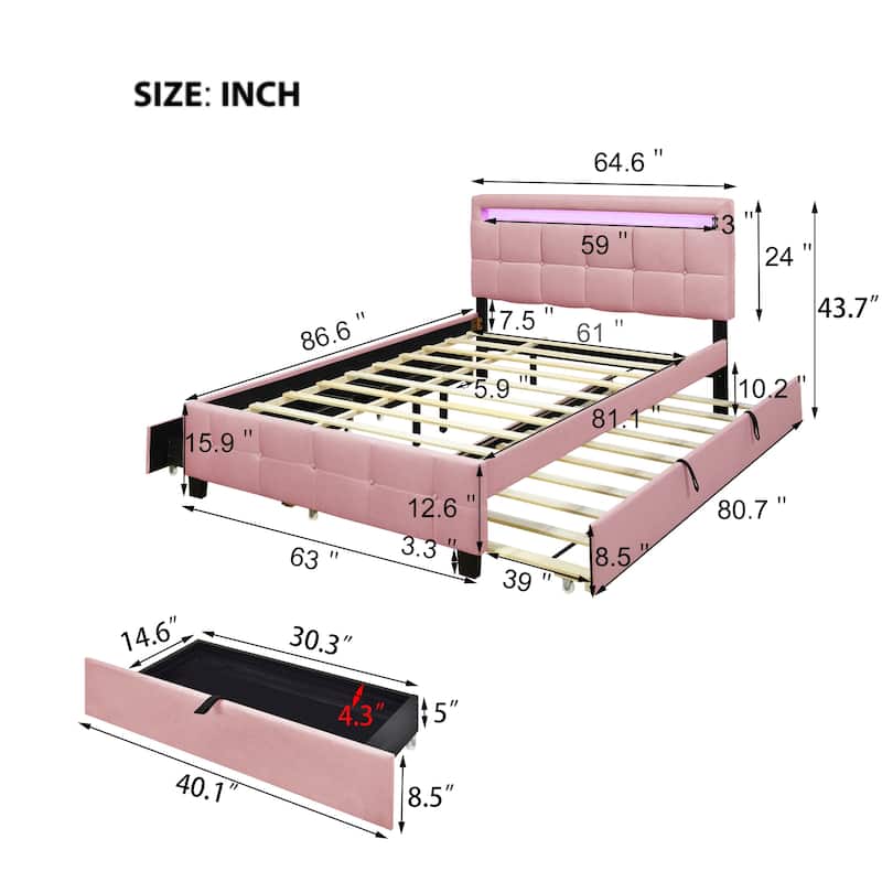 Queen Size Upholstered Platform Bed with LED Lighting and Twin XL Trundle