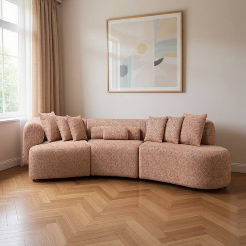 HomeRoots Orange Boucle Modular Curved Three Piece Sectional With Toss Pillows - Right Facing