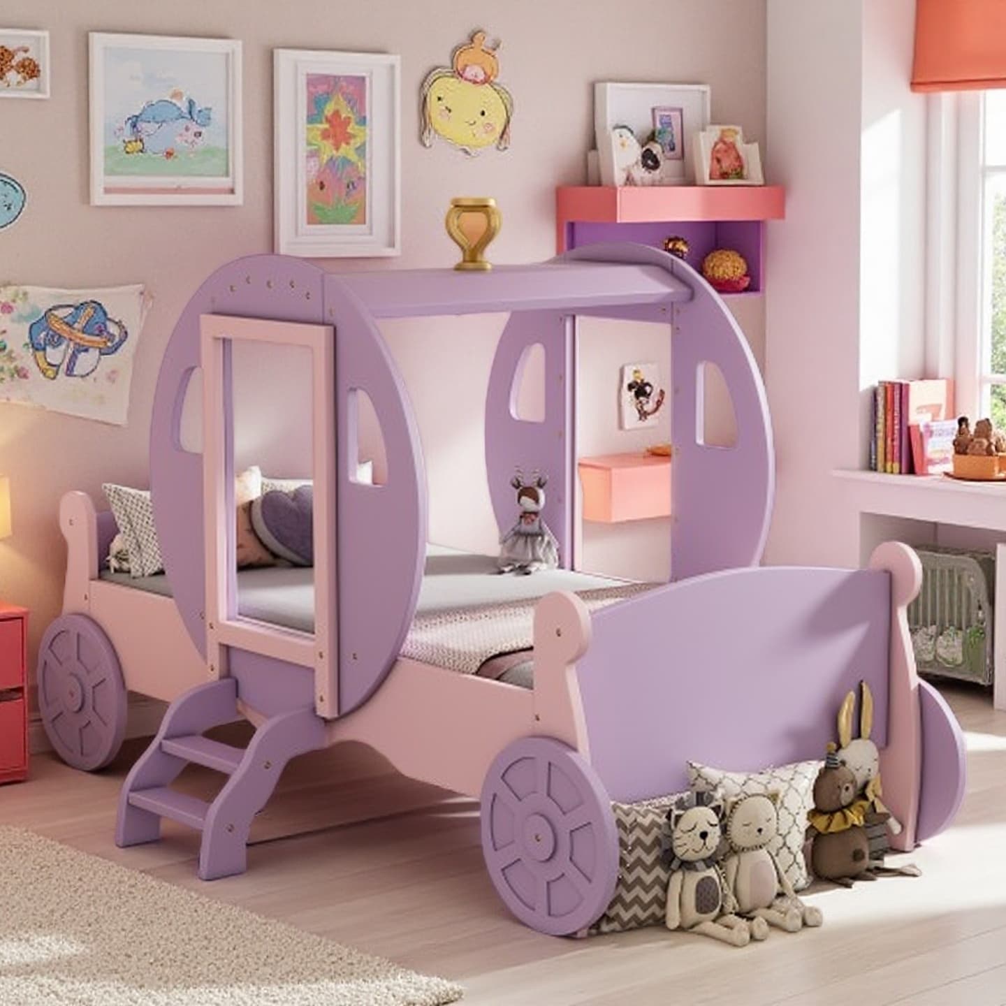 Twin Princess Carriage Bed with Crown Design, Wood Platform Bed with Stair, Sturdy MDF & Plywood Construction