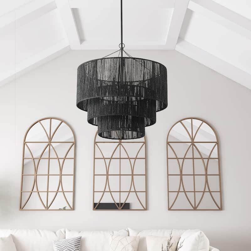 Farmhouse Matte Black Rope Paper Craft Pendant Light Hand-Woven Hanging Lamp
