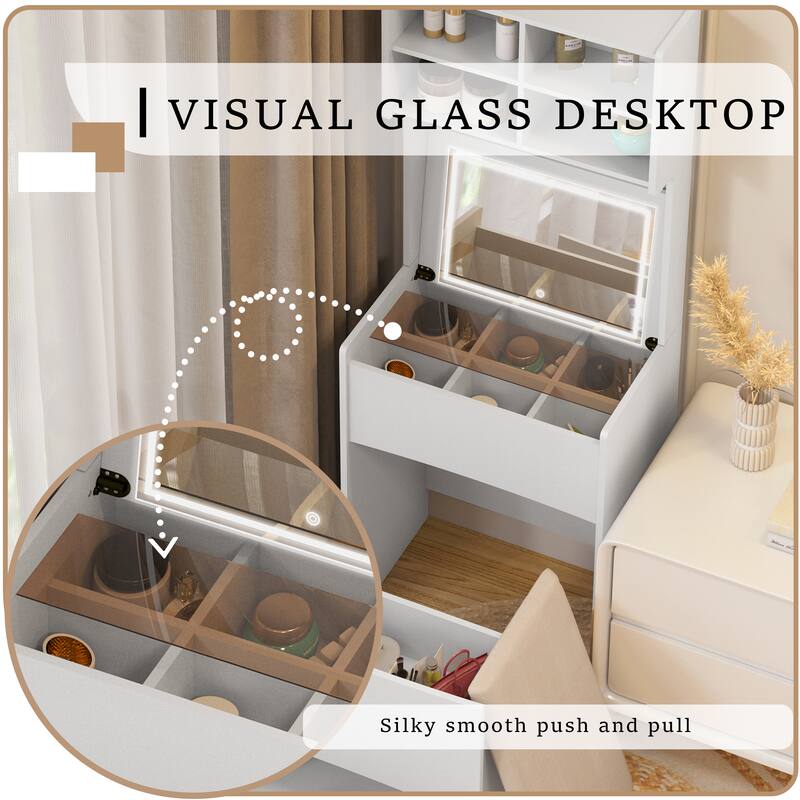 Makeup Vanity Table with Flip Top LED Illuminated Mirror & Stool