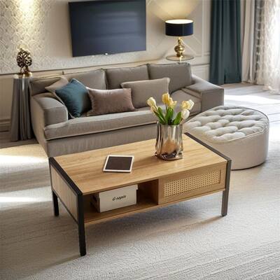 Rattan Coffee Table,Sliding Door For Storage,Metal Legs,Modern Table