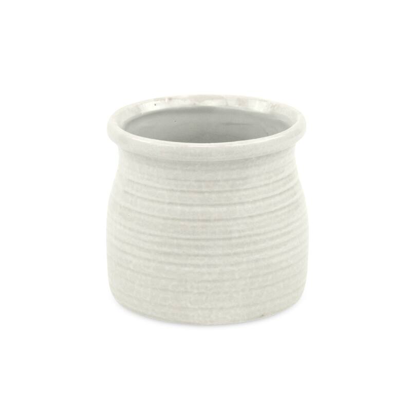 HomeRoots White Ceramic 25 Ounce Striped Round Distressed Pot Planter - 5.00 in. x 4.75 in. x 5.00 in.